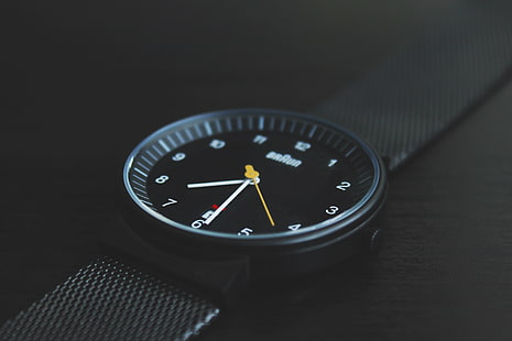 круглые черные аналоговые часы с черным ремешком, наручные часы, циферблат, стиль, ремешок, HD обои HD wallpaper