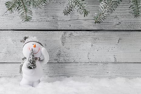 Winter, Schnee, Schneeflocken, Neujahr, Weihnachten, Schneemann, glücklich, Holz, Frohe Weihnachten, Weihnachten, Dekoration, Tannenzweige, HD-Hintergrundbild HD wallpaper
