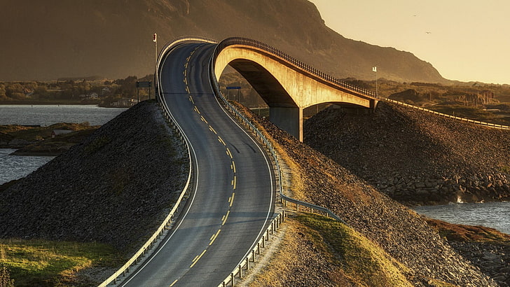 серый бетонный мост, Норвегия, Atlantic Ocean Road, мост, HD обои