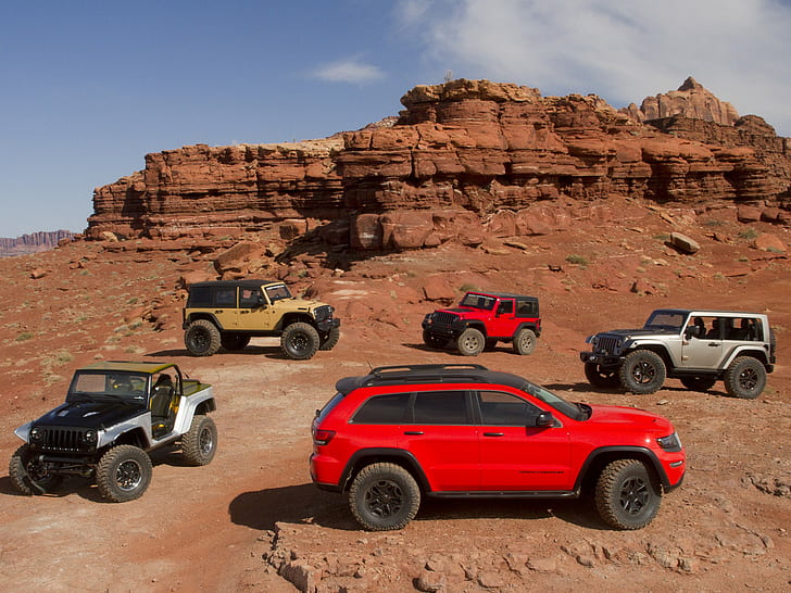 Mix SUV Cars, four jeeps wrangler and red jeep cherokee, Jeep, Grand Cherokee Trailhawk II, Wrangler Stitch, Wrangler Sand Trooper II, Wrangler Slim, Wrangler Flattop, Concepts, mix, cars, SUV, HD wallpaper