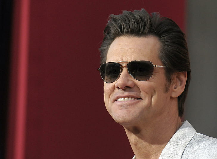 Jim Carrey, okulary przeciwsłoneczne, aktor, uśmiech, okulary przeciwsłoneczne aviator w szarych oprawkach, jim carrey, okulary przeciwsłoneczne, aktor, uśmiech, Tapety HD