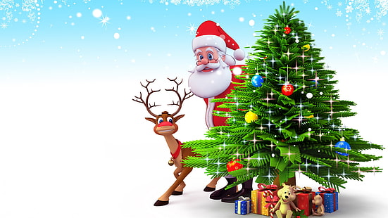 christmas, santa claus, christmas tree, reindeer, holiday, illustration, xmas, deer, HD wallpaper HD wallpaper