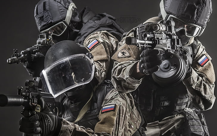 three person wearing black suit carrying rifles wallpaper, helmet, special forces, muffler, Kalashnikov, airsoft, stritbola team, knight, HD wallpaper