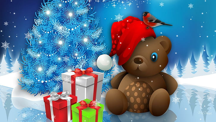 Christmas Bear, brown bear near christmas tree with gifts graphics, new year, snowflakes, gifts, christmas, tree, whimiscal, cute, bird, sparkle, presents, teddy bear, HD wallpaper