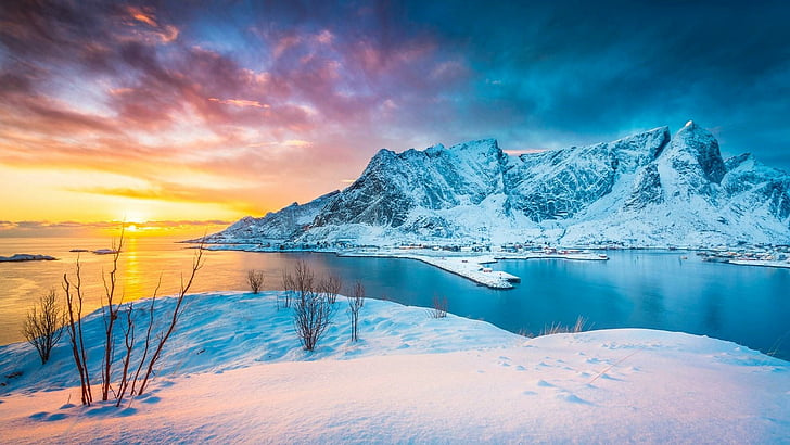 avrupa, norveç, lofoten, fiyort, su, akşam, norveç denizi, balıkçı köyü, dağ manzarası, donma, deniz, dağ, kar, arktik, kış, köy, gökyüzü, HD masaüstü duvar kağıdı