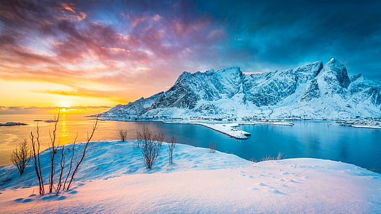 avrupa, norveç, lofoten, fiyort, su, akşam, norveç denizi, balıkçı köyü, dağ manzarası, donma, deniz, dağ, kar, arktik, kış, köy, gökyüzü, HD masaüstü duvar kağıdı HD wallpaper