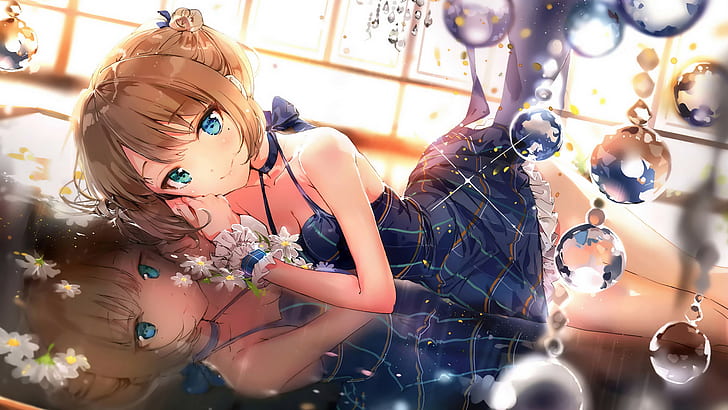 gadis anime, mata biru, mata cokelat, gaun biru, bunga putih, berbaring di samping, anime, Wallpaper HD