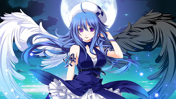 голубоволосая девушка в бело-голубом платье с изображением символов крыльев, аниме, крылья, луна, аниме девушки, синие волосы, лиловые глаза, голубое платье, лента, длинные волосы, ночь, HD обои