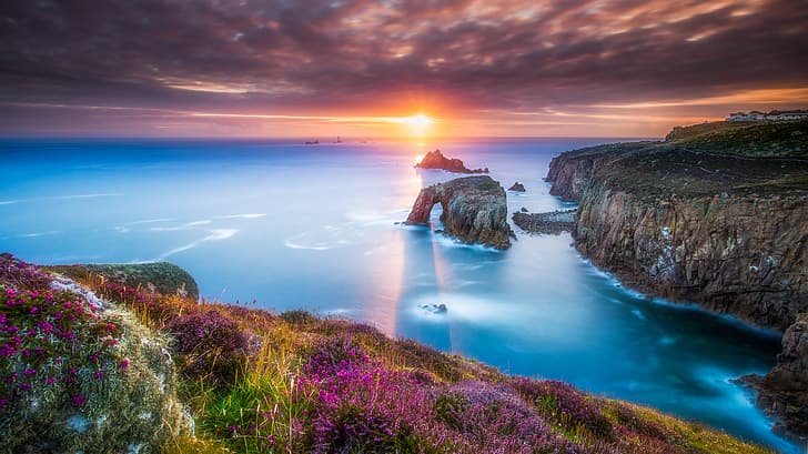 sea, sunset, rocks, shore, England, nature landscape, Cornwall, HD wallpaper