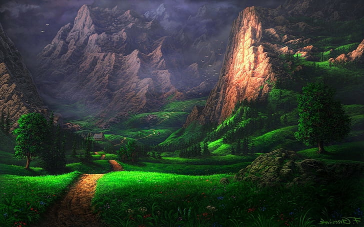 sztuka cyfrowa natura drzewa górski las skała trawa ścieżka mgła światło słoneczne kwiaty ptaki dom rysunek grafika droga polna, Tapety HD