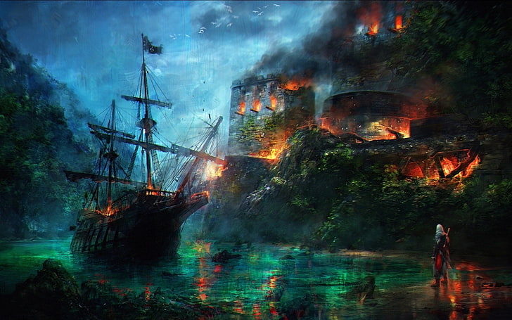 Burning castle and ship wallpaper, Assassin's Creed, Assassin's Creed IV:  Black Flag, HD wallpaper | Wallpaperbetter