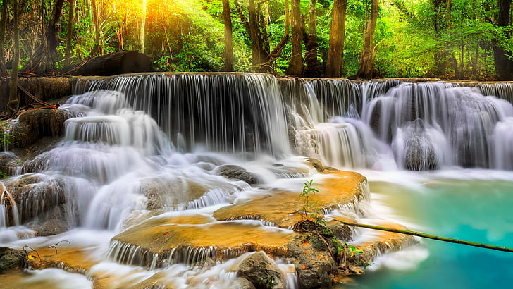 waterfall, water, nature, body of water, erewan national park, stream, kanchanaburi, thailand, forest, creek, chute, tree, landscape, erawan falls, HD wallpaper