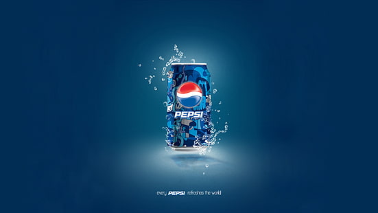 Pepsi tin can advertisement, drops, blue, background, Bank, pepsi, HD wallpaper HD wallpaper