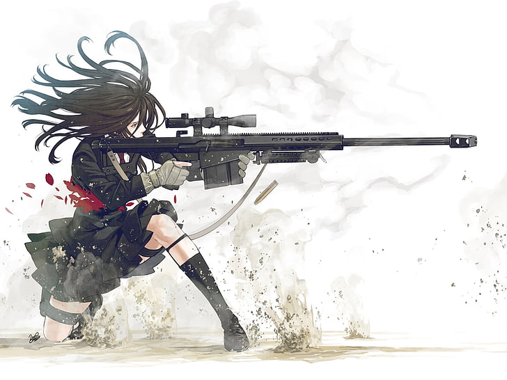 аниме, пистолет, оръжие, аниме момичета, бял фон, снайперска пушка, Kozaki Yuusuke, оригинални герои, кръв, черна коса, прост фон, момичета с оръжия, HD тапет