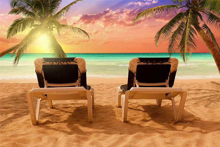 two white chairs, sand, sea, beach, the sun, palm trees, shore, sun loungers, paradise, tropical, HD wallpaper