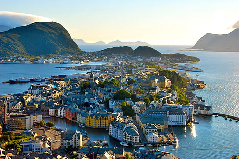 алесунд, градски пейзаж, Норвегия, HD тапет HD wallpaper