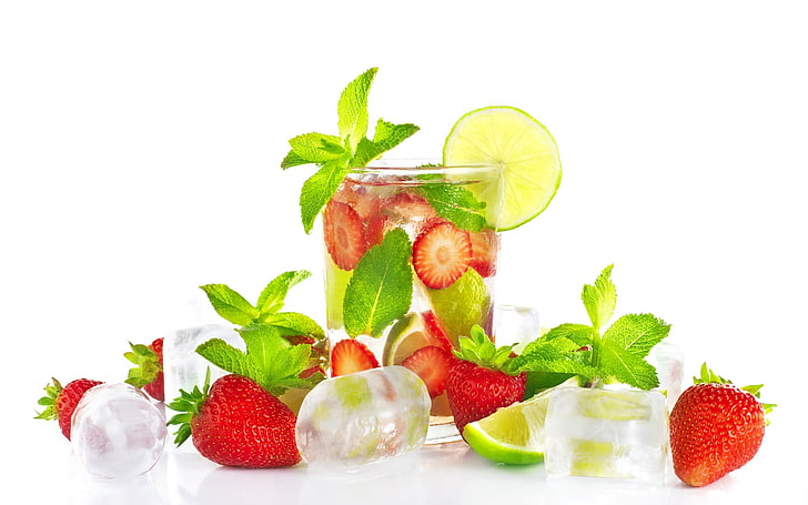 strawberry drink, glass, mint, ice, strawberry, lime, HD wallpaper