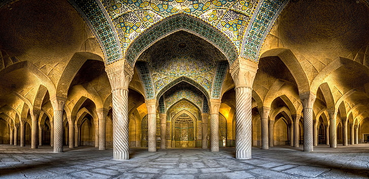 langit-langit bangunan kuning dan hijau, lanskap, masjid, arsitektur, panorama, Islam, perkotaan, Iran, Wallpaper HD