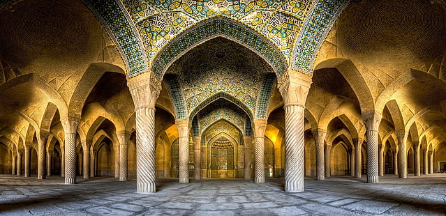 เพดานอาคารสีเหลืองและสีเขียว, ภูมิทัศน์, มัสยิด, สถาปัตยกรรม, ภาพพาโนรามา, อิสลาม, ในเมือง, อิหร่าน, วอลล์เปเปอร์ HD HD wallpaper