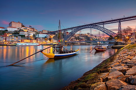 ponte, rio, barcos, Portugal, Vila Nova de Gaia, Porto, Porto, o rio Douro, rio Douro, ponte Dom Luís I, ponte de Dom Luis I, HD papel de parede HD wallpaper
