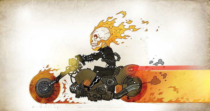Ghost Rider clip art, fire, figure, skull, chain, motorcycle, jumpsuit, racer, comic, Ghost, HD wallpaper