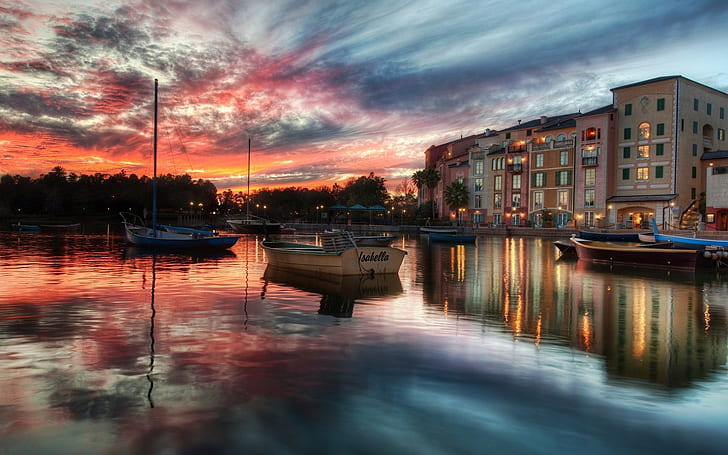 Portofino, Italy, Boat, Sea, Water, Reflection, Sunset, Building, City, portofino, italy, boat, sea, water, reflection, sunset, building, city, HD wallpaper