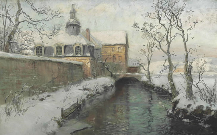 Invierno, Frits Thaulov, Frits Thaulow, pintor paisajista noruego, pintor impresionista noruego, Fondo de pantalla HD