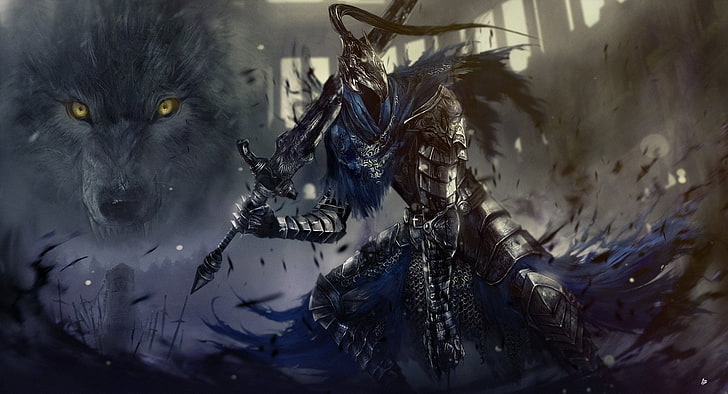 човек, носещ броня, държащ илюстрация на голям меч, Dark Souls, Armor, Artorias the Abysswalker, Sif (Dark Soul), меч, воин, вълк, HD тапет