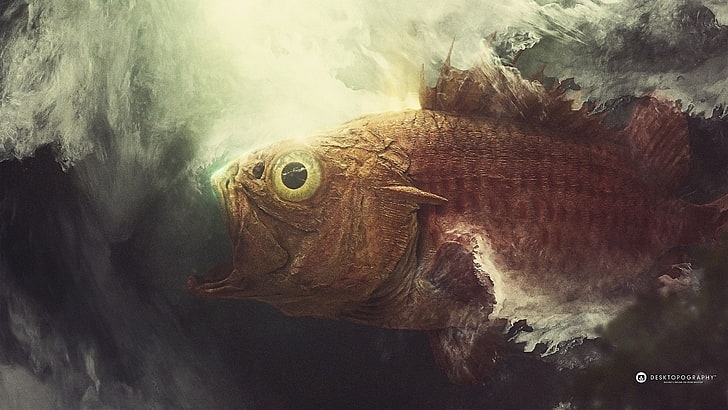 brown fish painting, Desktopography, nature, animals, fish, digital art, artwork, HD wallpaper