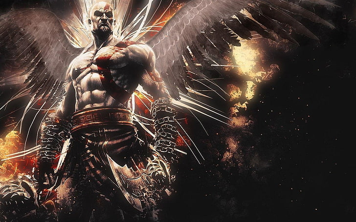 demonio, fuego, Kratos, God of War, videojuegos, arte de fantasía, guerrero, Fondo de pantalla HD
