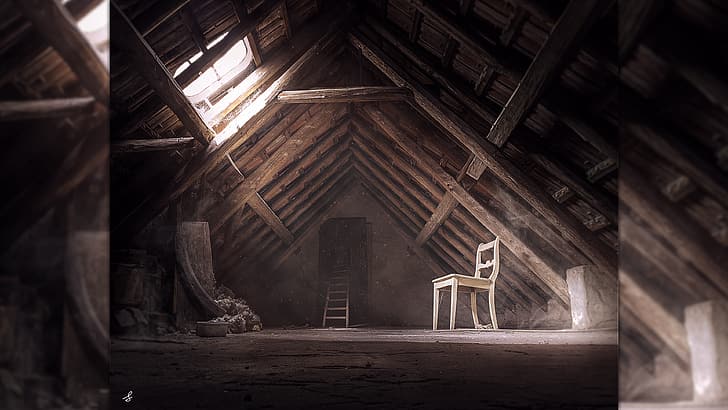 emotion, ancient, photography, attics, horror, isolation, dust, vintage, wooden surface, wood, old building, Photoshop, light effects, grunge, decay, HD wallpaper
