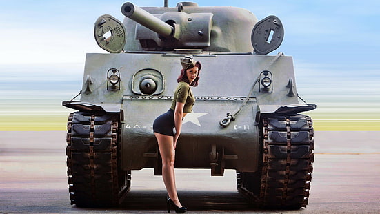 M4 Sherman, жени, Втората световна война, pinup модели, HD тапет HD wallpaper