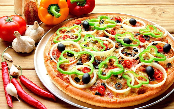 pizza, vegetables, food, tomatoes, peppers, chilli peppers, HD wallpaper