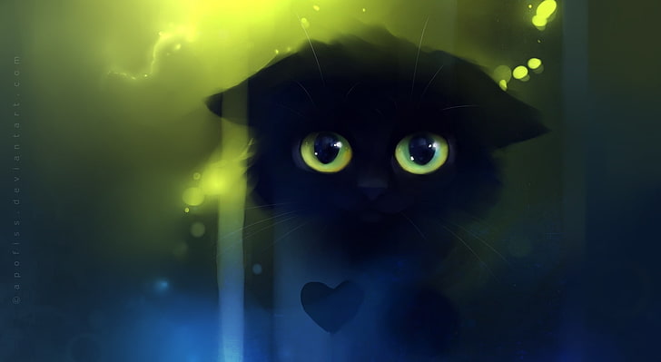 Тъжна котешка живопис, черна котка, художествена, фантазия, красива, зелена, коте, черна, произведения на изкуството, коте, животно, живопис, сладка, котешка живопис, черна котка, големи очи, HD тапет
