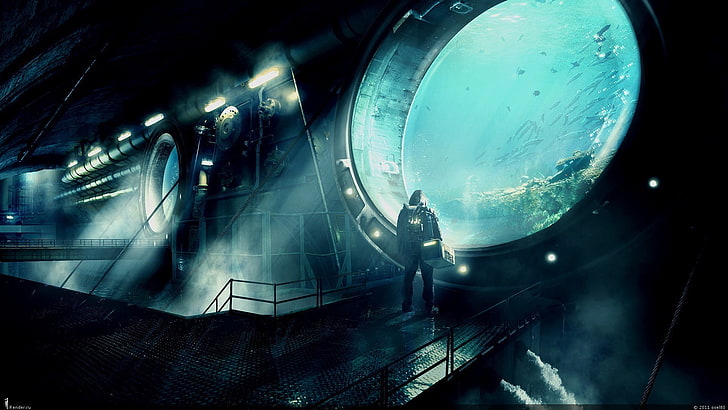 osoba stojąca obok okna sztuka cyfrowa, cyberpunk, futurystyczny, woda, ryba, pod wodą, sztuka cyfrowa, renderowanie, kompozycja, morze, cyjan, turkus, Tapety HD