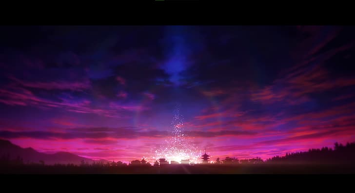 Jujutsu Kaisen, puesta de sol, destellos, nubes, anime, captura de pantalla de anime, edificio, Fondo de pantalla HD