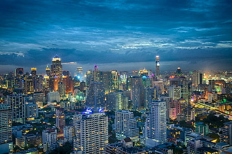 city buildings during nighttime, bangkok, bangkok, Bangkok, Skyline, buildings, nighttime, Thailand, Night  View, City, Scenic, Colourful, storm, night, cityscape, urban Skyline, asia, architecture, downtown District, skyscraper, famous Place, tower, urban Scene, business, dusk, building Exterior, HD wallpaper HD wallpaper