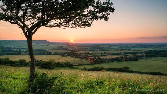 Pôr do sol de verão, Colinas do Sul, Inglaterra, Nascer e pôr do sol, HD papel de parede HD wallpaper