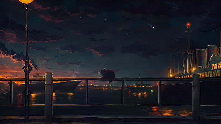 cat on fence during nighttime, the sky, cat, water, clouds, night, lights, river, shore, ships, art, promenade, HD wallpaper