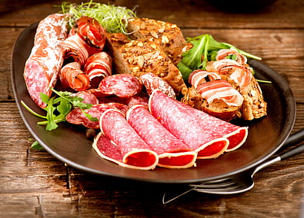 assorted foods, food, plate, bread, meat, sausage, ham, HD wallpaper HD wallpaper
