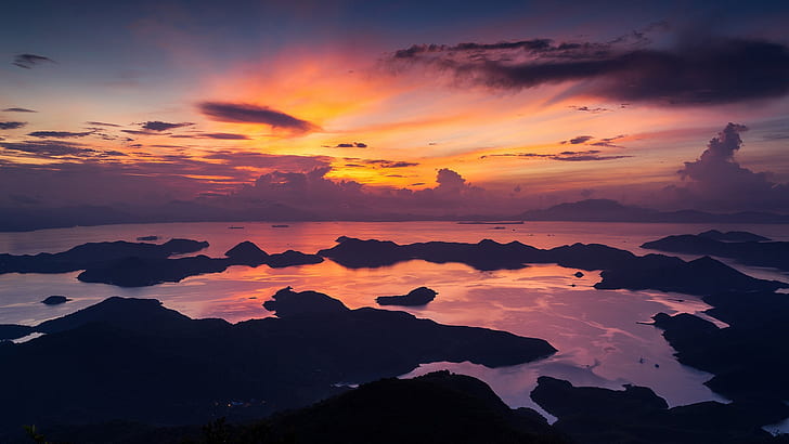 Hong Kong, Chine, matin, mer, côte, ciel rouge, nuages, lever du soleil, Chine, matin, mer, côte, rouge, ciel, nuages, lever du soleil, Hong Kong, Fond d'écran HD