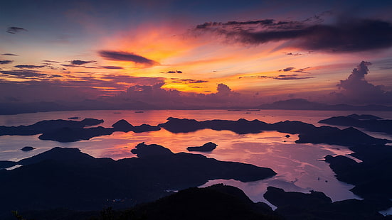 Hong Kong, Cina, mattina, mare, costa, cielo rosso, nuvole, alba, Cina, mattina, mare, costa, rosso, cielo, nuvole, alba, Hong Kong, Sfondo HD HD wallpaper