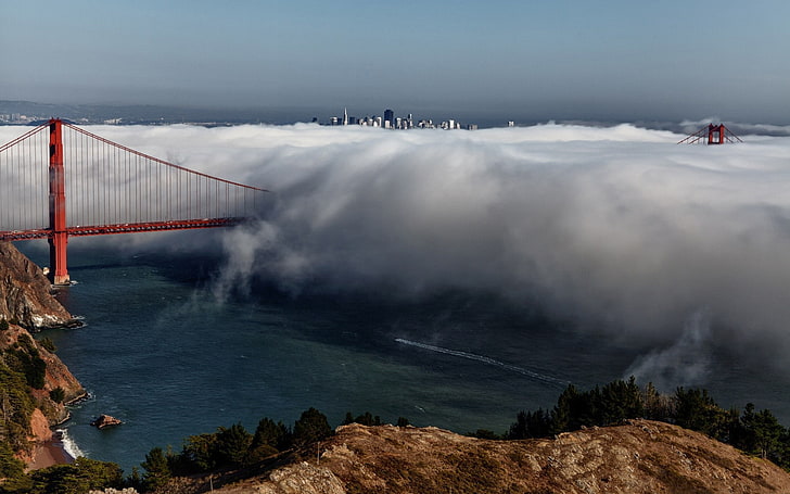 most, chmury, most Golden Gate, miasto, pejzaż, San Francisco, USA, mgła, krajobraz, Tapety HD