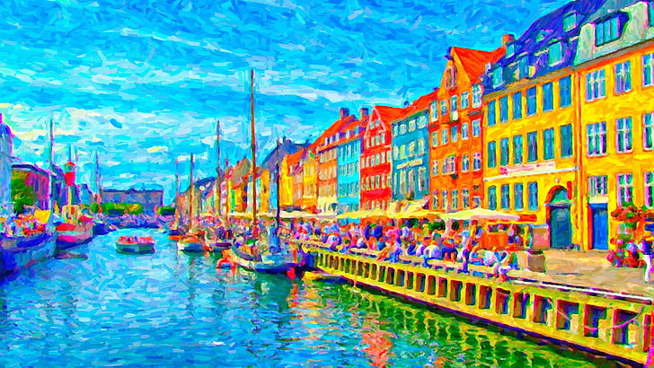 反射、港、コペンハーゲン、デンマーク、ニューハウン、デジタル絵画、レジャー、都市、観光、空、絵画、運河沿い、絵画芸術、観光客、水、水路、住宅、運河、カラフル、 HDデスクトップの壁紙