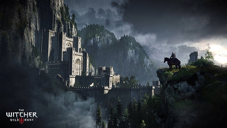 castello marrone e grigio sfondo, alberi, pioggia, cavallo, fortezza, The Witcher, Geralt, The Witcher 3: Wild Hunt, Kaer Morhen, Roach, The Witcher 3: Wold Hunt, Sfondo HD