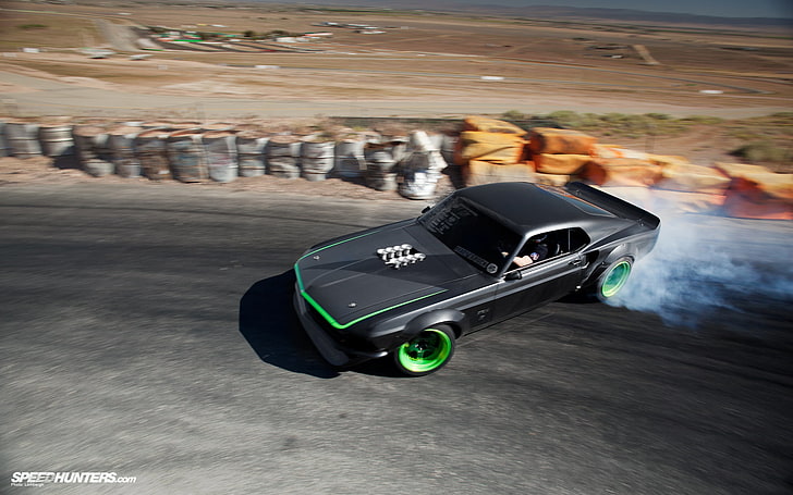 black and green Chevrolet Camaro coupe, smoke, mustang, drift, ford, black, rtr-x, HD wallpaper