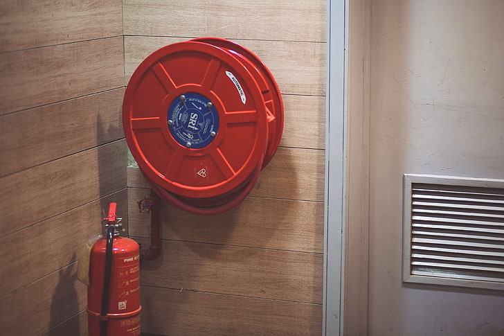 container, door, emergency, fire extinguisher, fire hose, hose, hose reel, indoors, red, safety, shadow, wall, HD wallpaper