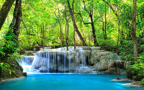 น้ำตกเอราวัณกาญจนบุรีประเทศไทยสวนสาธารณะน้ำตกสีเขียวธรรมชาติวอลเปเปอร์ HD 3840 × 2400, วอลล์เปเปอร์ HD HD wallpaper