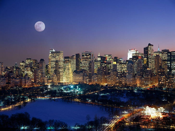 Wschód księżyca nad Manhattanem, Manhattan, koniec, wschód księżyca, Tapety HD