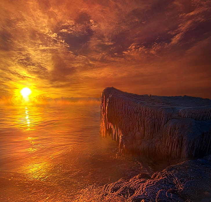 cliff during golden hour digital art, winter, nature, ice, lake, clouds, landscape, HD wallpaper